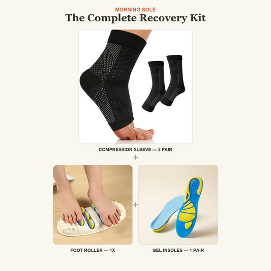 Morning Sole Complete Recovery Kit — compression sleeve 2-pair, foot roller, and gel insoles