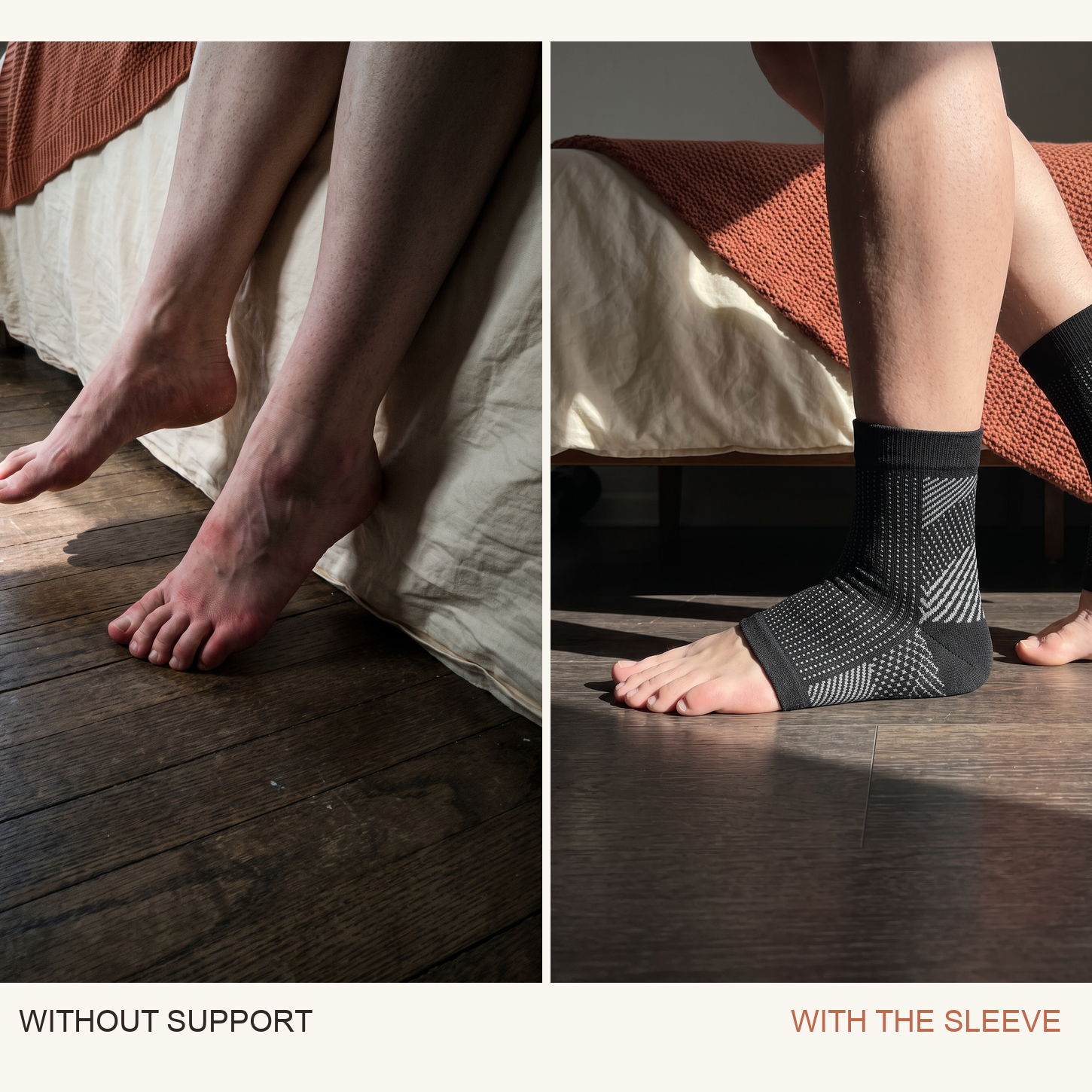 Without support versus wearing the Morning Sole sleeve, morning bedside